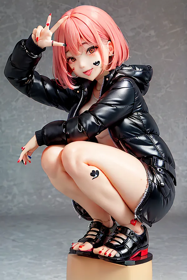 The image shows a young woman with pink hair and black eyes. She is wearing a black leather jacket, a white shirt, and black shorts. She is also wearing black shoes and has a red tattoo on her right leg. She is kneeling on a brown box and has her right hand in the air. She has a mischievous expression on her face.