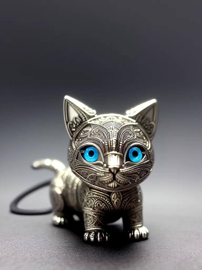 The image is a 3D rendering of a silver cat figurine with blue eyes. The figurine is sitting on a dark surface and is turned slightly to the left. The cat has a detailed pattern on its fur and is looking up at the viewer.