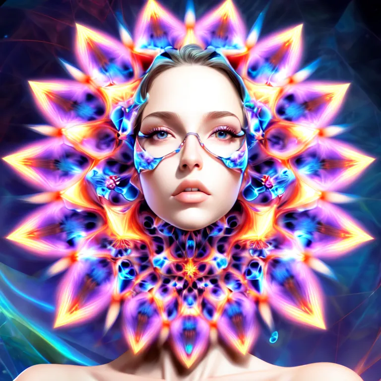 The image is a portrait of a young woman with long blonde hair and blue eyes. She is wearing a pair of glasses and has a colorful floral pattern painted on her face. The background is a dark blue color. The woman's expression is serious and she is looking directly at the viewer.