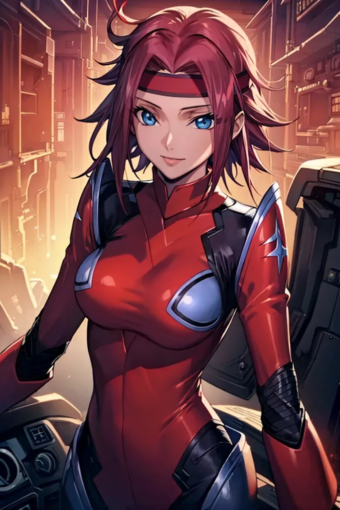 The image shows a young woman with red hair and blue eyes. She is wearing a red and black bodysuit and a headband. She is standing in a futuristic city. There are buildings and machines in the background. The woman is looking at the viewer with a serious expression.