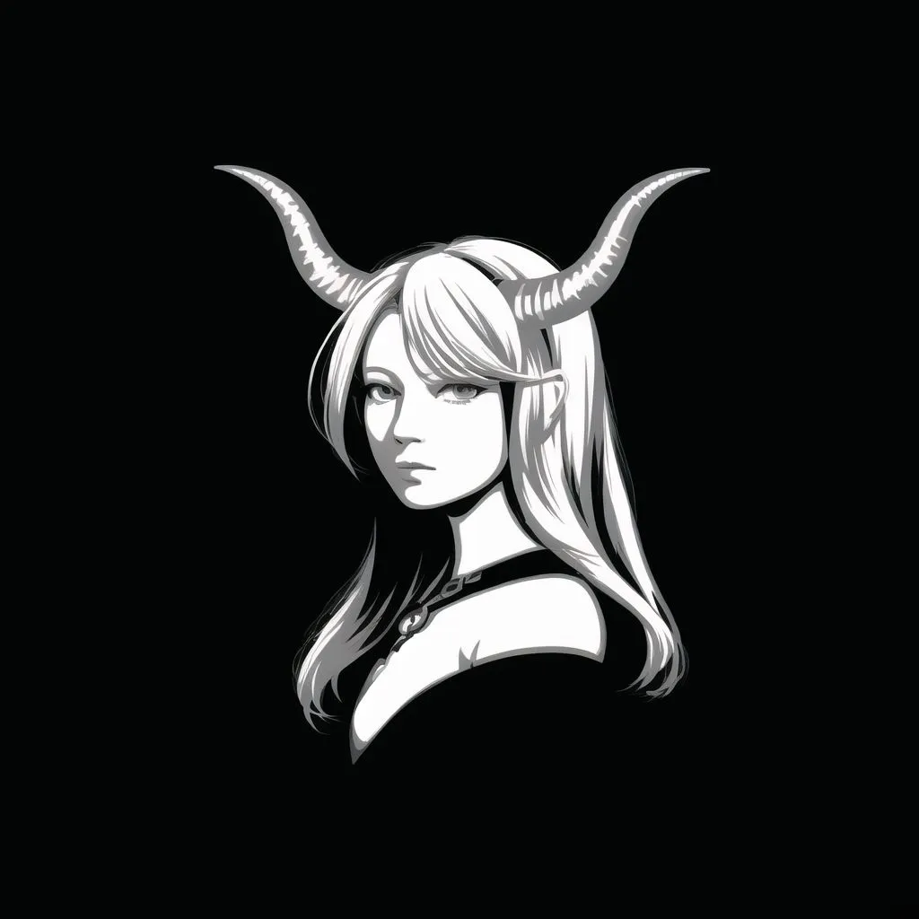 The picture shows a black and white portrait of a woman with long white hair and two horns on her head. She is looking at the viewer with a serious expression. The image is drawn in a realistic style and has a dark, mysterious atmosphere.