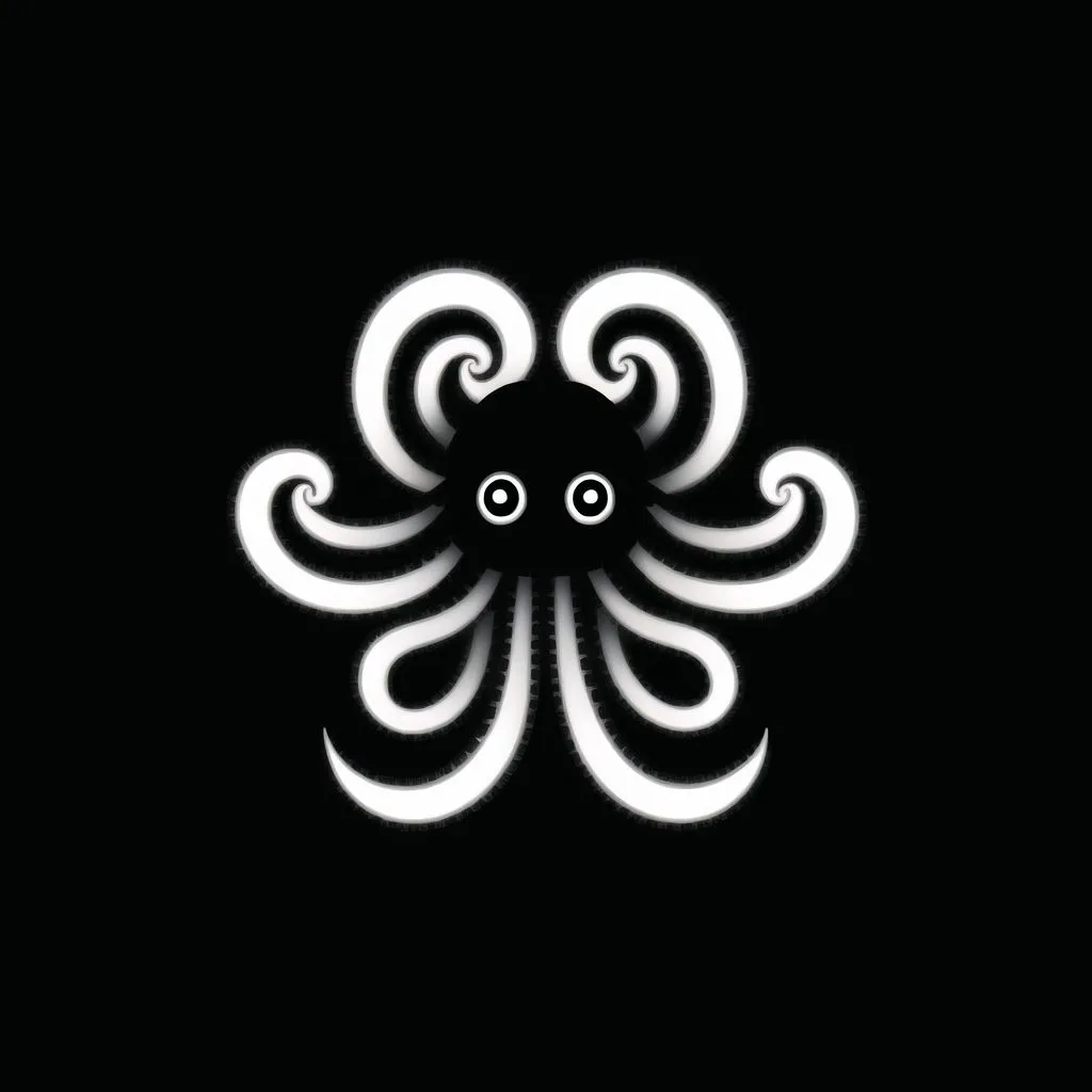 The image is of a black octopus with white eyes and white curly tentacles. It is on a black background.