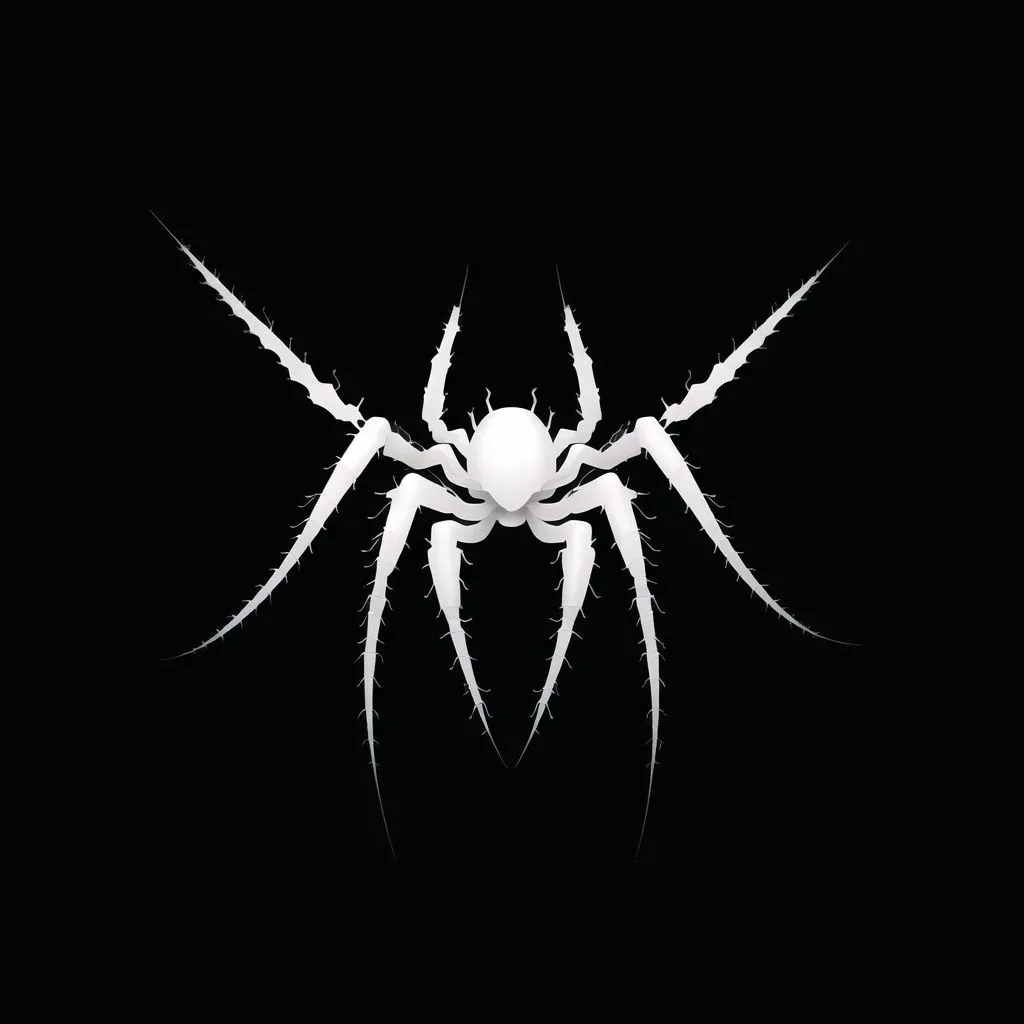 The image is a white spider with eight legs. It has a large, round body and long, thin legs. The spider is facing the viewer and is on a black background.