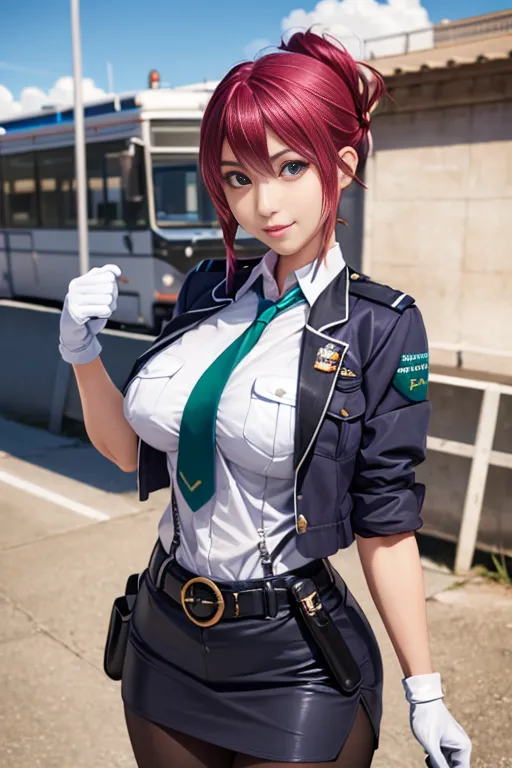 The picture shows a young woman in a police uniform. She has red hair tied in a bun, green eyes, and a beauty mark on her left cheek. She is wearing a white shirt, black tie, green tie, and black gloves. There is a badge on her chest that says "POLICE". She is also wearing a black skirt and black boots. She is standing in front of a road with a blurred bus in the background.