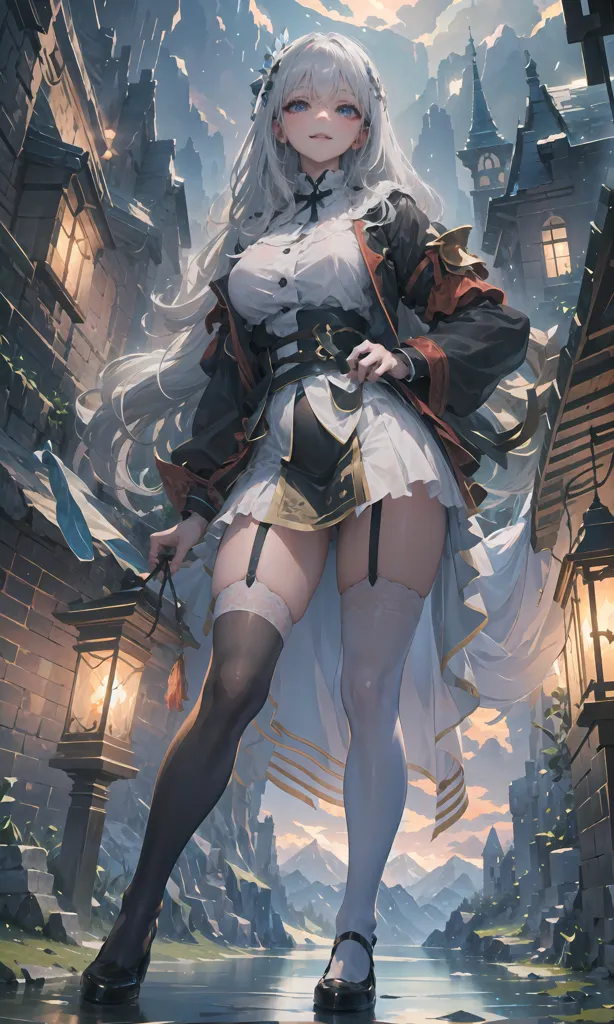 The image is of a young woman with long white hair and blue eyes. She is wearing a white and red outfit with a black belt and a white skirt. She is also wearing black stockings and black shoes. She is standing in a city with a large building in the background. The city is surrounded by mountains. The woman is holding a sword in her right hand. She has a serious expression on her face.