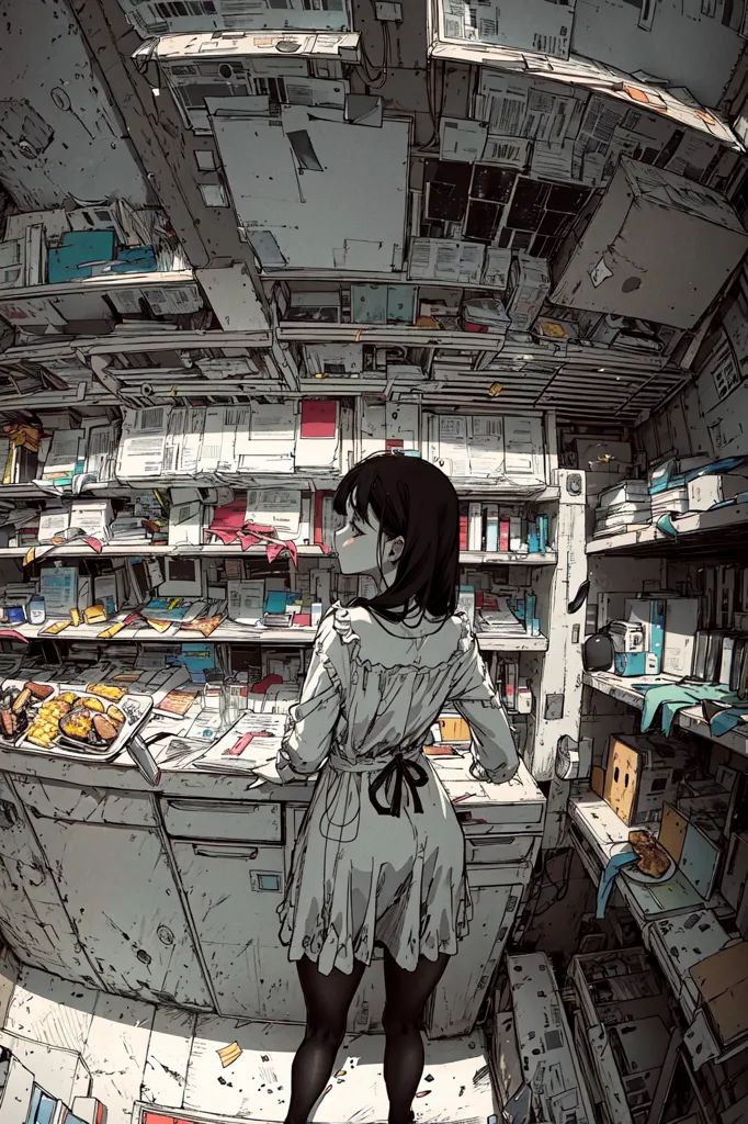 The image is a digital painting of a girl standing in a messy room. The room is filled with all sorts of junk, including old appliances, furniture, and boxes. The girl is wearing a white dress and is looking out the window. The painting is done in a realistic style, and the artist has used a variety of techniques to create a sense of depth and realism. The overall effect is one of isolation and loneliness.