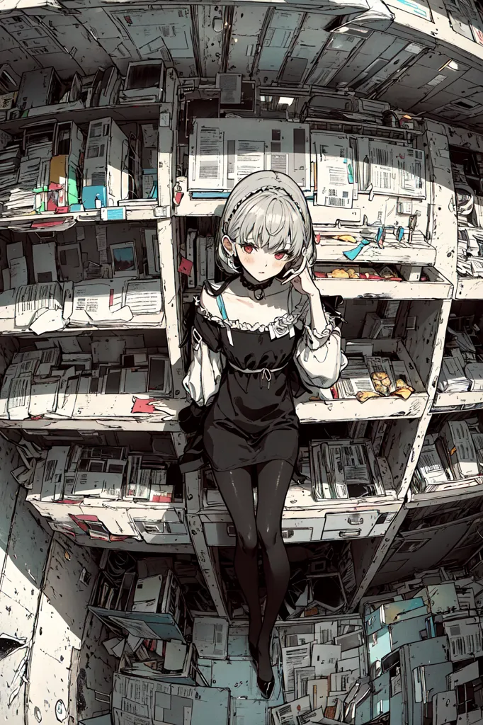 The image is of a young woman with white hair and red eyes. She is wearing a black dress with a white collar and a black choker. She is sitting on a shelf in a large, cluttered room. The room is filled with shelves and boxes, all of which are filled with papers and other objects. The woman is looking down at the viewer with a bored expression on her face.