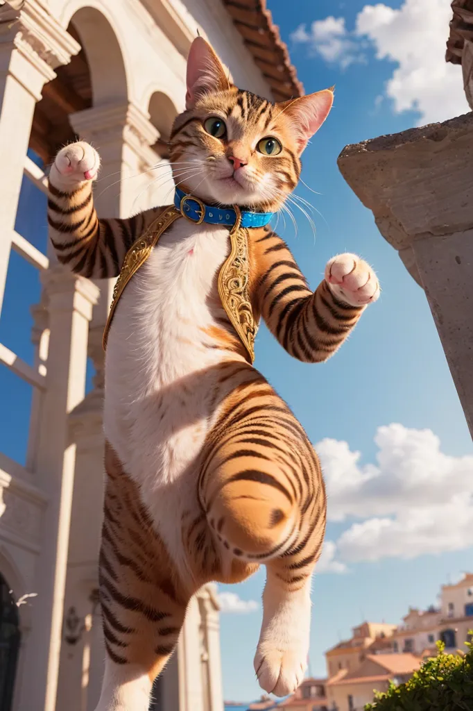 The image shows a cat wearing a golden and blue outfit, standing on its hind legs in front of a building. The cat is brown and white, with black stripes on its legs and tail. It has a blue collar with a golden buckle and is looking at the camera with its mouth open. The background is a blue sky with white clouds.