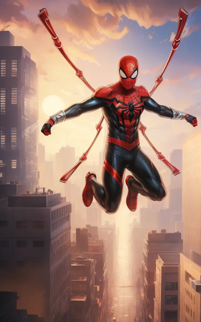 The image shows Spider-Man swinging through a city. He is wearing his advanced suit with his classic red and blue colors with the addition of mechanical arms coming out of his back. The city is in the background and is made up of tall buildings. The sky is orange and the sun is setting.