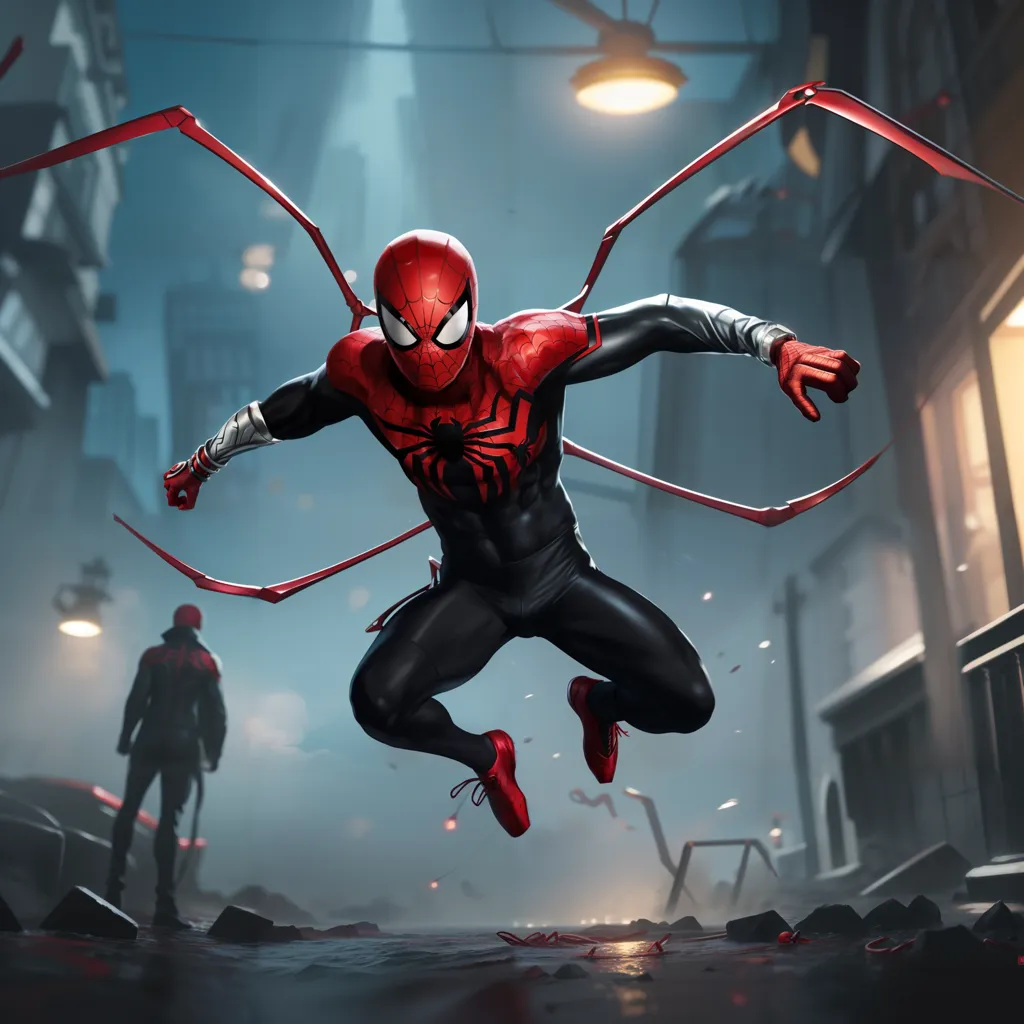 Gambar ini menunjukkan Spider-Man dalam balutan kostum canggih baru dengan warna merah dan hitam sedang berayun melalui sebuah kota. Kota tersebut dalam keadaan hancur dengan mobil-mobil dan puing-puing berserakan di mana-mana. Spider-Man dikelilingi oleh lengan laba-laba mekaniknya. Ia menatap ke depan dengan ekspresi yang penuh tekad. Gambar ini gelap dan dramatis, dengan satu-satunya sumber cahaya berasal dari lampu jalan dan pantulan cahaya dari kostum Spider-Man.