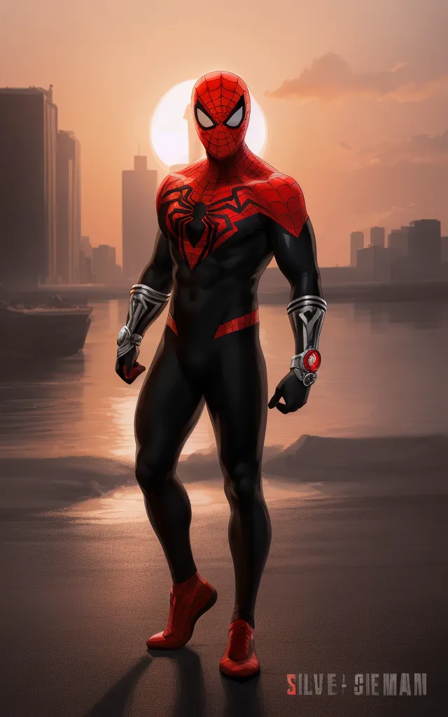 The image shows a superhero standing on a rooftop. He is wearing a black and red Spider-Man suit with a large white spider logo on the chest. The suit has red accents on the arms and legs. He is also wearing a red and black mask that covers his eyes. The superhero is looking out over a city. There are buildings in the background and a river in the foreground. The sun is setting and the sky is a bright orange color.