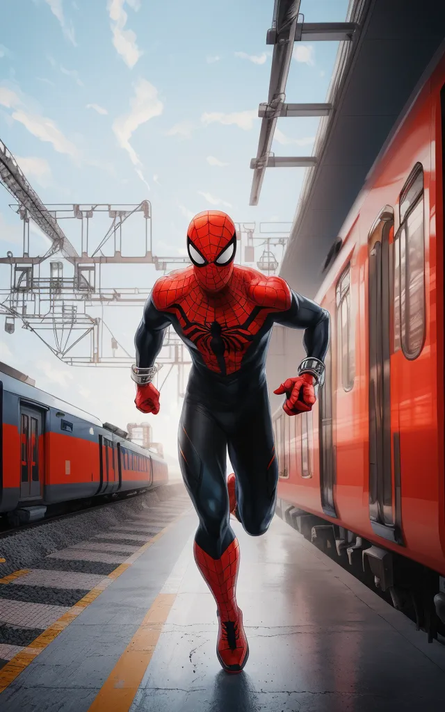 The image shows Spider-Man running on a train platform. He is wearing his classic red and blue suit with the addition of some white accents. There are two trains in the background and a blue sky with white clouds in the distance.