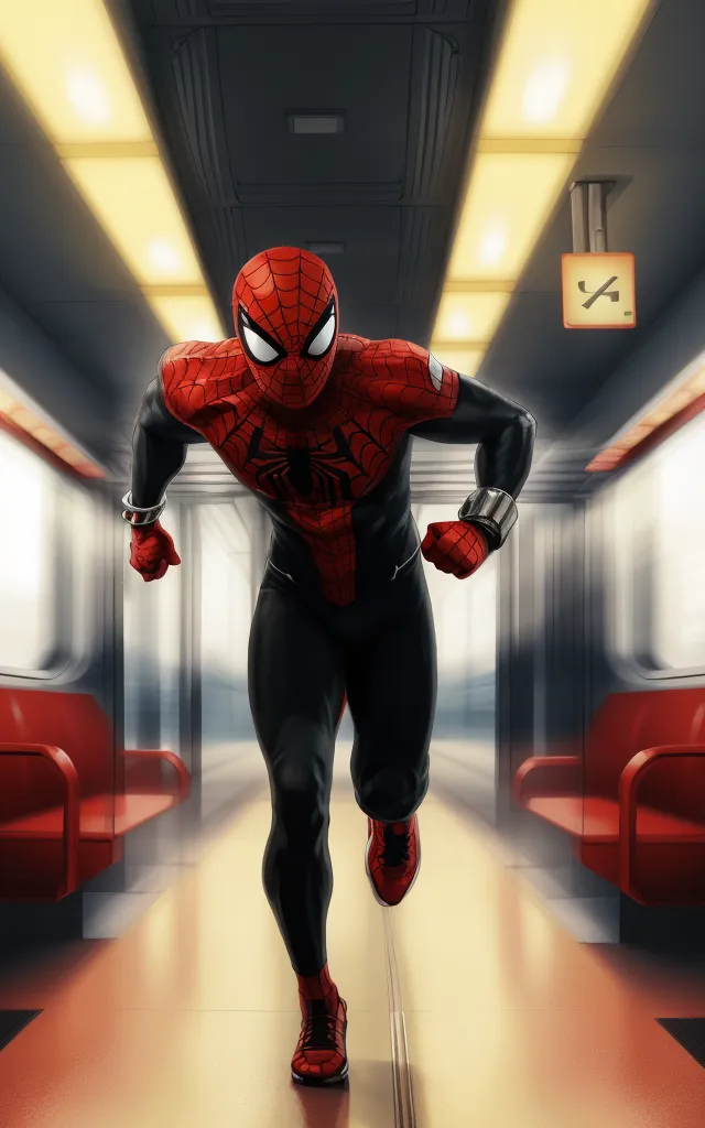 A imagem mostra o Homem-Aranha correndo em uma estação de metrô. Ele está usando seu clássico traje vermelho e azul com a adição de alguns acentos pretos e brancos. A estação de metrô está iluminada por luzes brilhantes. O Homem-Aranha está correndo em direção ao espectador. Ele tem um olhar determinado no rosto.