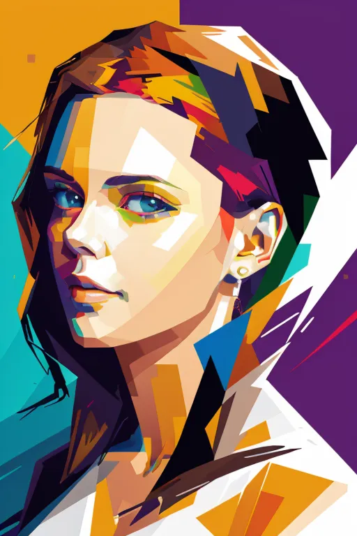 This is a portrait of a woman with mid-length dark brown hair. She has light blue eyes and is wearing a white shirt. The background is a bright yellow, orange, purple, and blue. The image is a vector illustration.