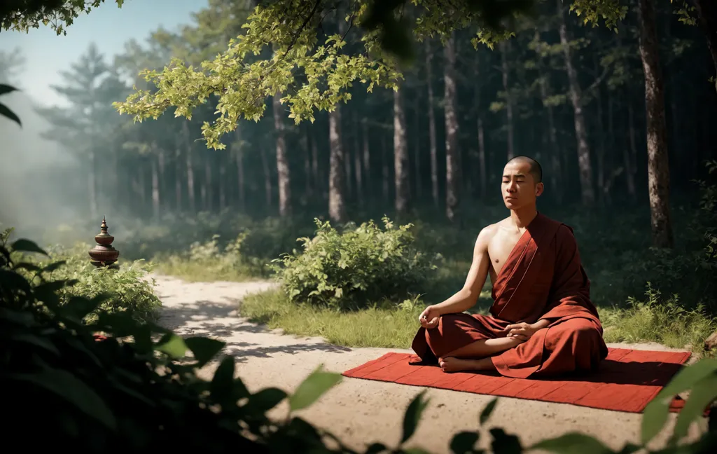 Um jovem monge budista está meditando em uma floresta. Ele está sentado em um tapete vermelho, com as pernas cruzadas e as mãos descansando em seu colo. Seus olhos estão fechados e ele tem uma expressão serena em seu rosto. O monge está vestindo uma simples túnica, e sua cabeça está raspada. A floresta é verde e exuberante, e as árvores são altas e retas. O sol brilha através das árvores, criando um padrão malhado no chão. O monge está rodeado de paz e tranquilidade.