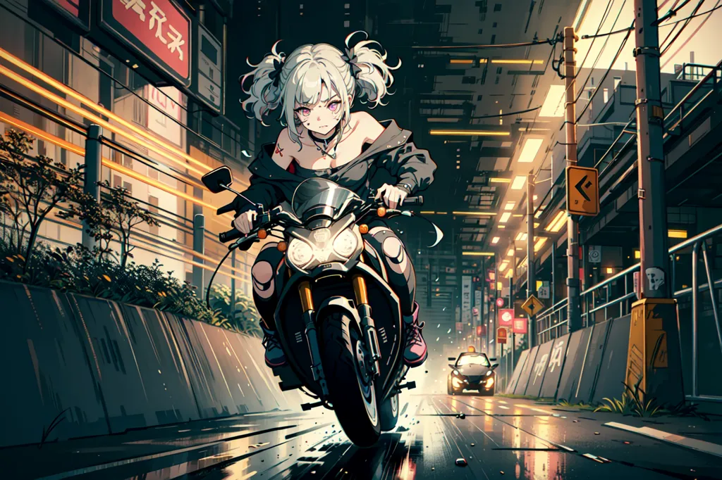 The image is of an anime girl riding a motorcycle. She has white hair and pink eyes, and is wearing a black jacket and pants. She is riding in a dark and rainy city, and the street is lit by neon lights. There are buildings and cars on either side of her. The girl is looking forward with a determined expression.