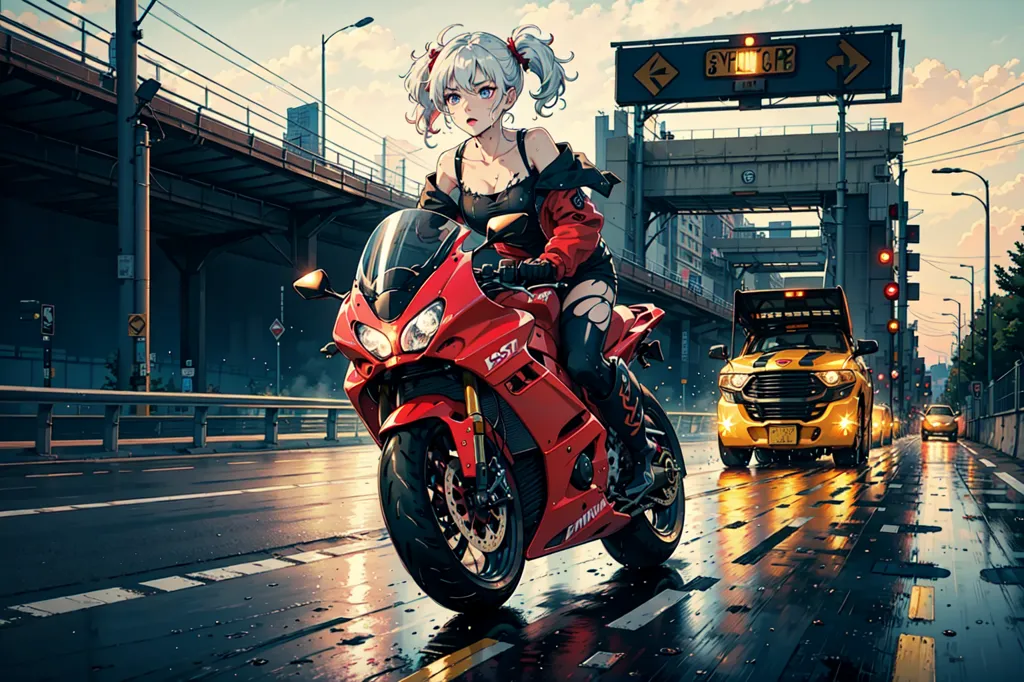 L'image montre une jeune femme conduisant une moto rouge dans une rue de la ville. Elle porte une veste noire, un chemisier blanc et une jupe rouge. Elle a les cheveux blancs et les yeux bleus. Elle roule sous la pluie. Il y a un camion jaune derrière elle. La route est mouillée et il y a des bâtiments de chaque côté de la rue. L'image est dans un style réaliste et les couleurs sont vives.