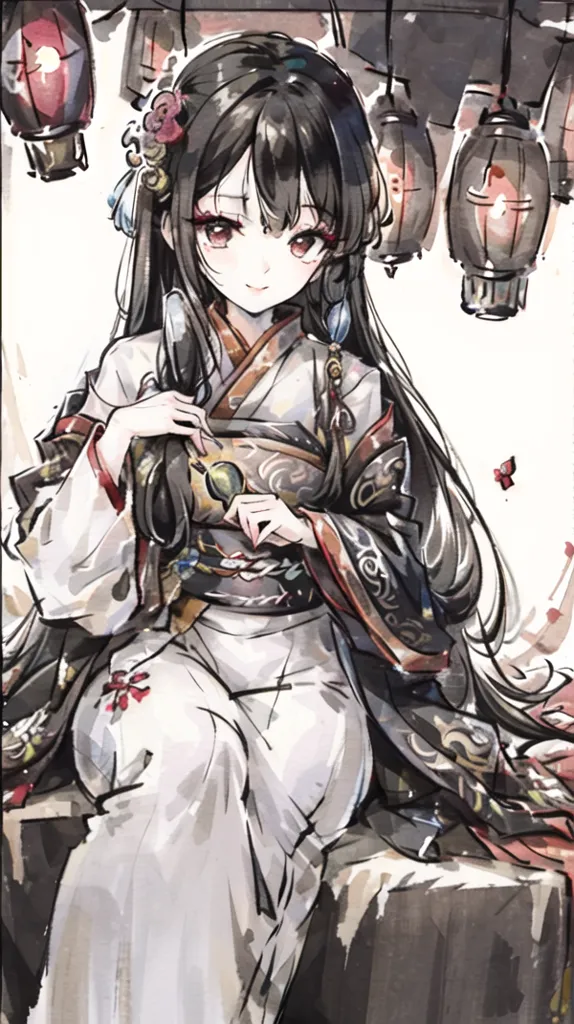 The image shows a girl with long black hair in a white and black kimono with red and gold accents. There are red lanterns with butterflies on them hanging in the background. The girl has a small smile on her face and is looking at the viewer.