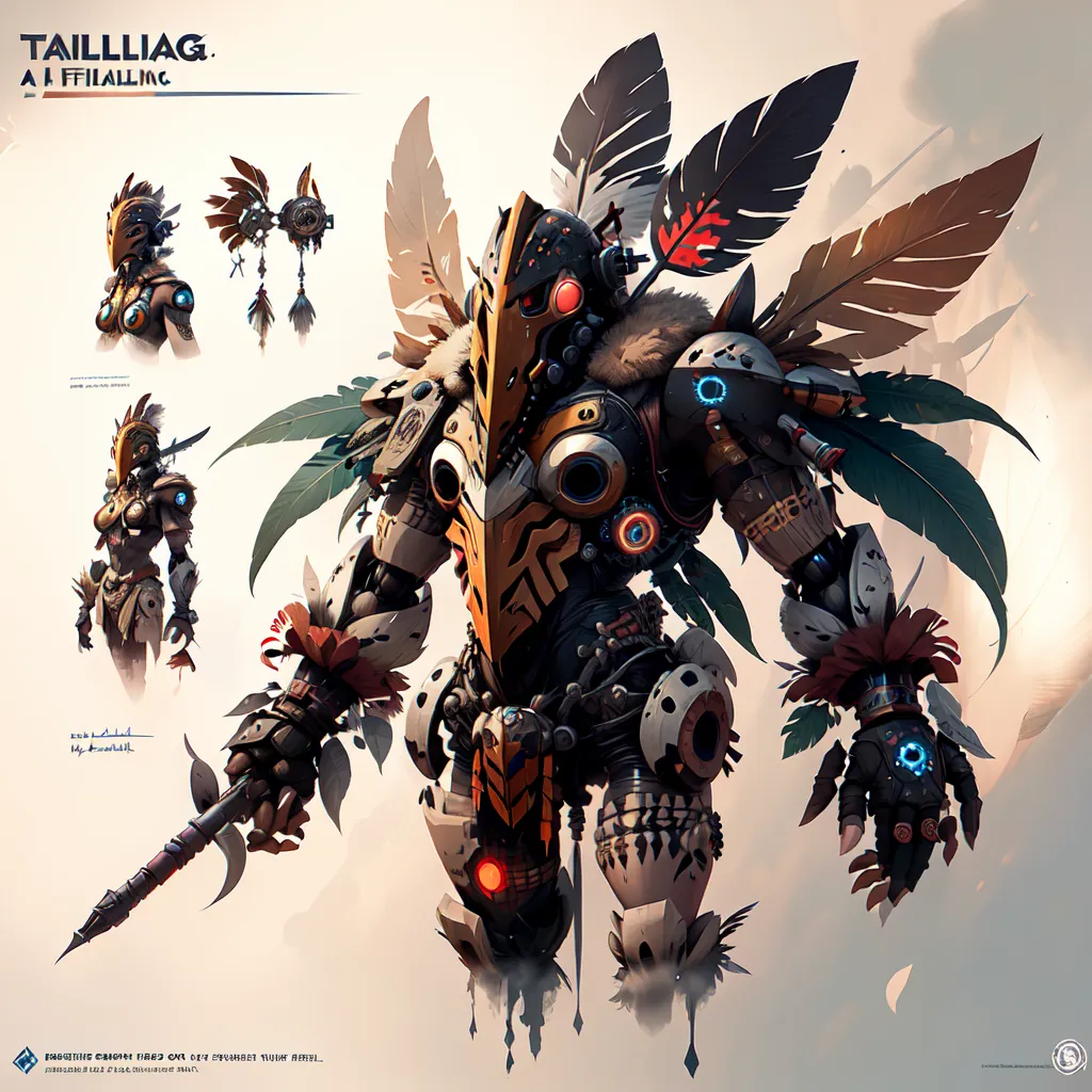 The image is of a character named Tailliag, who is a member of the Aifillia tribe. They are described as being a fierce warrior who is always ready for a fight. They are also said to be very skilled in using their spear and shield.

Tailliag is wearing a traditional Aifillia outfit, which consists of a loincloth, a breastplate, and a helmet. They also have a number of feathers attached to their body, which is said to be a sign of their strength and courage.

The background of the image is a desert, which is a common setting for Aifillia battles. The desert is full of sand dunes and rocks, which provide cover for Tailliag and their enemies.

The image is drawn in a realistic style, and the colors are vibrant and bright. The image is also very detailed, and the artist has clearly put a lot of thought into the design of Tailliag and their surroundings.