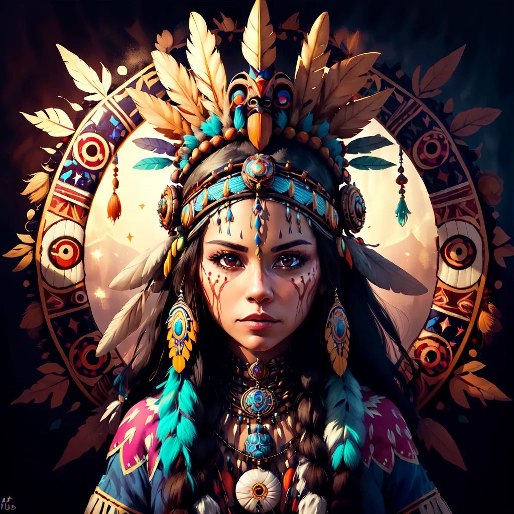 Esta imagem mostra uma mulher nativa americana usando um cocar tradicional e joias. A mulher está em pé em frente a um fundo escuro com um padrão circular atrás de sua cabeça. Ela está usando um vestido colorido com bordados intrincados e um colar de turquesa. O rosto da mulher está pintado com listras vermelhas e brancas e ela tem uma expressão determinada em seu rosto.