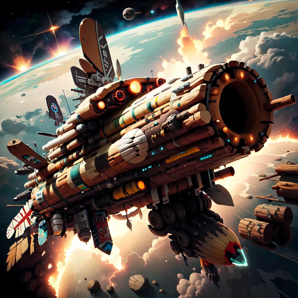 The image shows a spaceship that appears to be made of wood and other organic materials. It is flying in space, with a planet and stars in the background. The ship is long and cylindrical, with a number of wings and other protrusions. It is also covered in various symbols and markings. There are several smaller ships flying around it, and there are explosions and debris in the background, suggesting that the ship is in the midst of a battle.