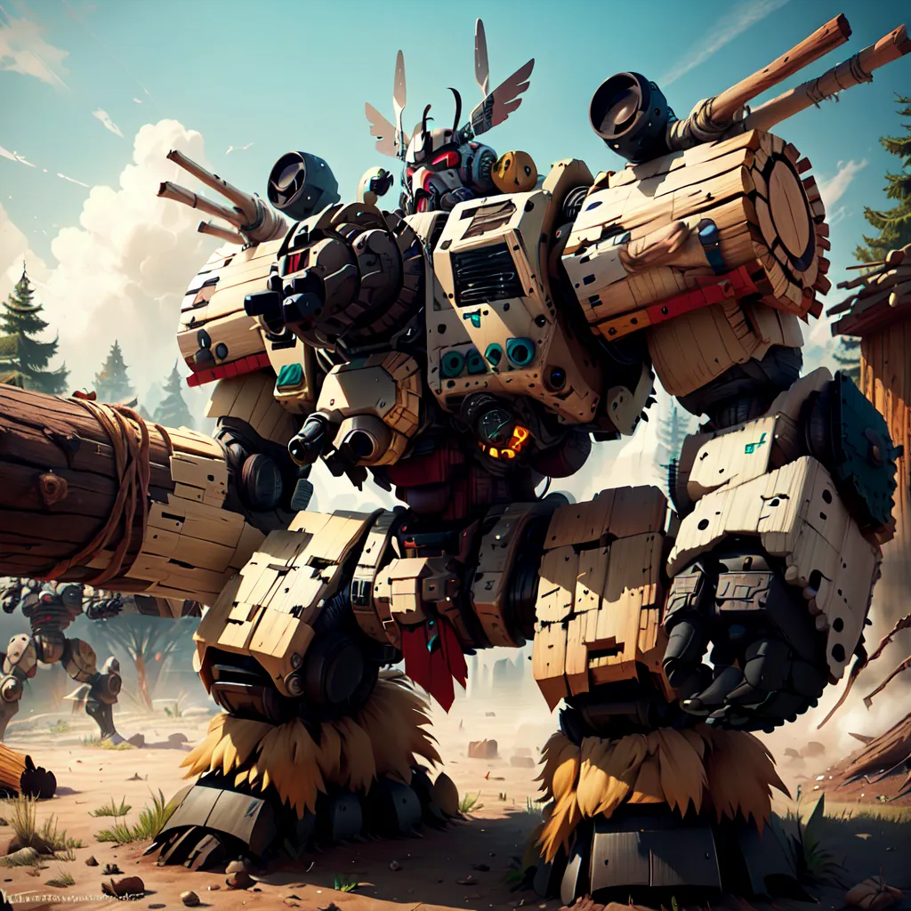 The image shows a giant mech made of wood and metal. It has a large, round body with a hatch in the center. The mech has two arms, each with a large gun. It also has two legs, each with a large wheel . The mech is standing in a forest, and there are trees and mountains in the background. The mech is made of light brown wood with gray metal. It has a large, round head with a hatch in the center. The mech has two arms, each with a large gun. It also has two legs, each with a large wheel. The mech is standing in a forest, and there are trees and mountains in the bac