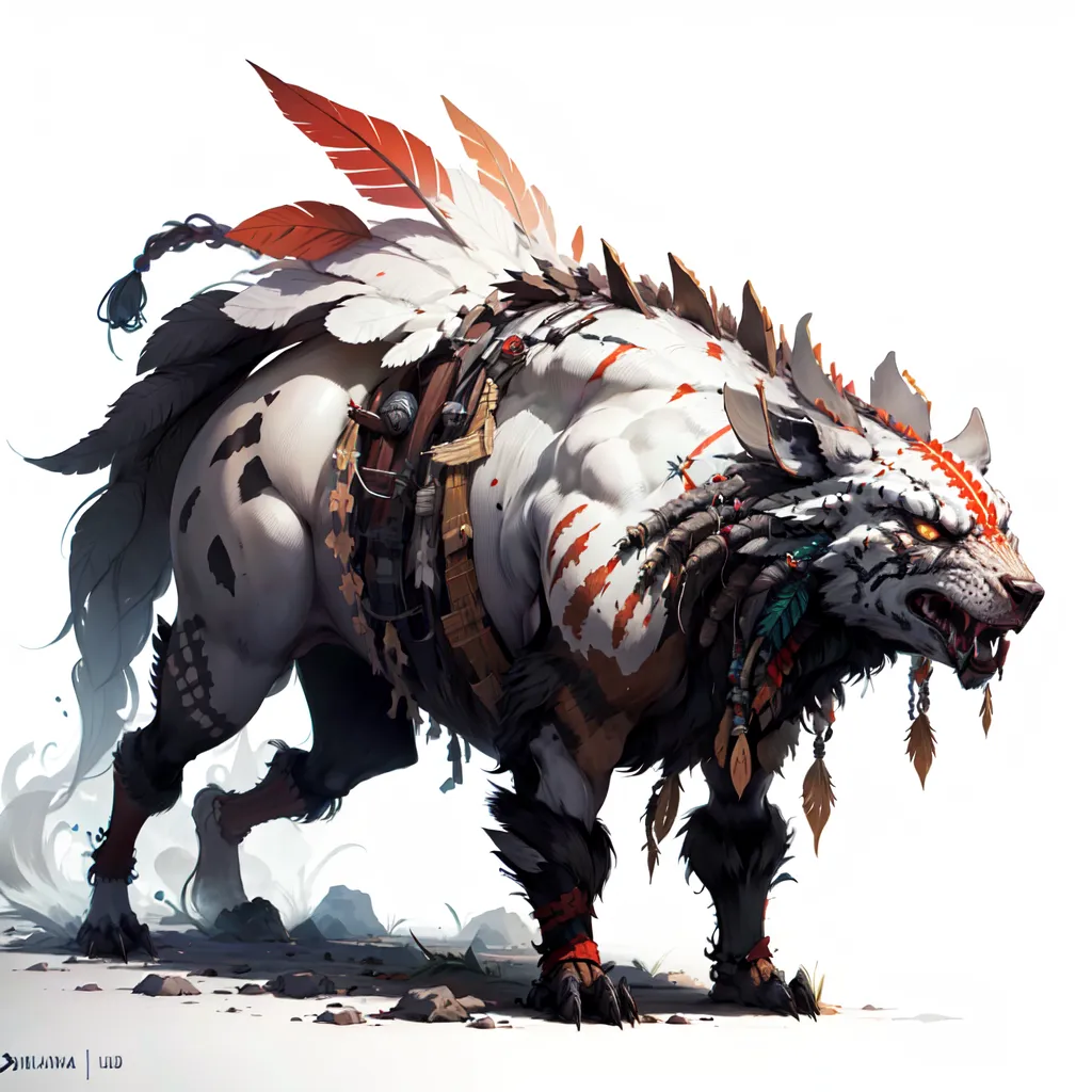 The image is a digital painting of a four-legged creature. The creature is mostly white with patches of brown fur on its back and legs. It has a long, bushy tail and a pair of feathered wings. The creature is wearing a variety of belts, straps, and other decorations. It has a fierce expression on its face and is baring its teeth. The background of the image is white with a few rocks on the ground.