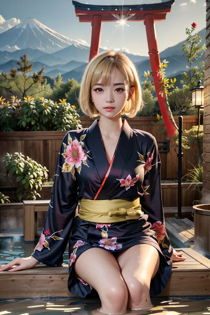 The image is of a young woman wearing a black kimono with pink and white floral designs. The kimono is tied with a yellow obi sash. Her hair is short and blonde, and she has light makeup on. She is sitting on a wooden bench in an onsen, or Japanese hot spring. The onsen is surrounded by lush greenery and there is a traditional Japanese gate, or torii, in the background. There is also a large mountain in the background. The woman is looking at the camera with a serene expression.