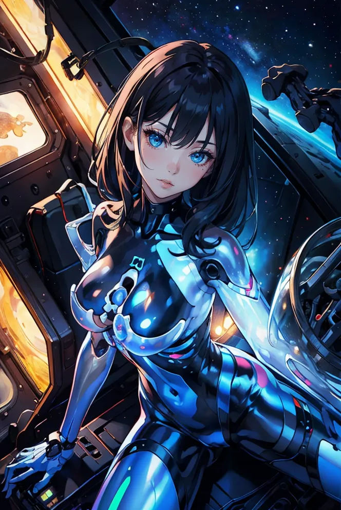 Esta es una ilustración de estilo anime de una mujer joven sentada en una nave espacial. Tiene el cabello azul largo, ojos azules y lleva un traje de cuerpo azul y blanco. La nave espacial es oscura y se pueden ver estrellas y planetas visibles a través de la ventana.