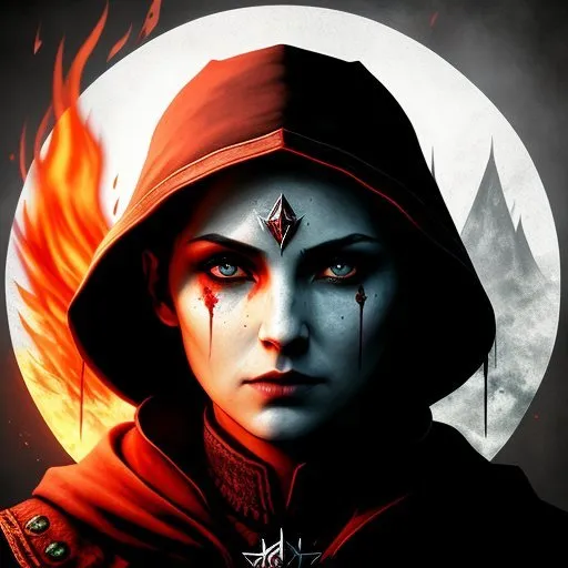 This is an image of a woman, seemingly a warrior or a sorceress, with a red and grey hood. The hood is covering her head and her face is partially obscured. Her eyes are a deep blue color and her skin is pale. She is wearing a red and grey outfit and there is a symbol on her chest. She is standing in front of a dark background with a full moon behind her. There is fire on her right and ice or snow on her left.