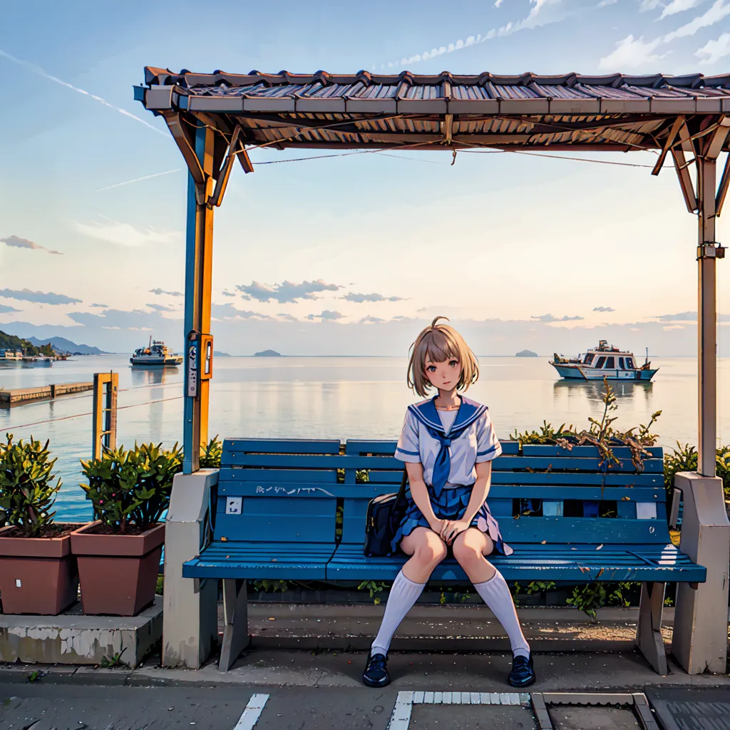 A girl with short brown hair and brown eyes is sitting on a blue bench. She is wearing a white shirt, a blue skirt, and a blue tie. She has a black backpack on her right side and is looking at the ocean. There are some plants in pots on the left side of the bench. There is a wooden structure with a roof behind the bench. There are some boats in the ocean and a small island in the distance. The sky is blue and there are some clouds in the sky.