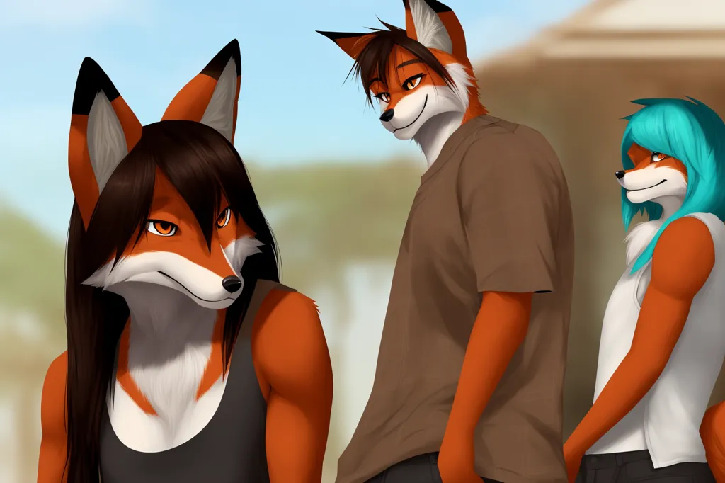 The image shows three anthropomorphic foxes. In the foreground, there are two foxes, one with long brown hair and the other with short blue hair. They are both wearing tank tops. The fox with brown hair is looking at the third fox, who is standing in the background. The fox in the background is wearing a brown t-shirt and has short brown hair. He has his arm around the shoulder of the fox with blue hair.