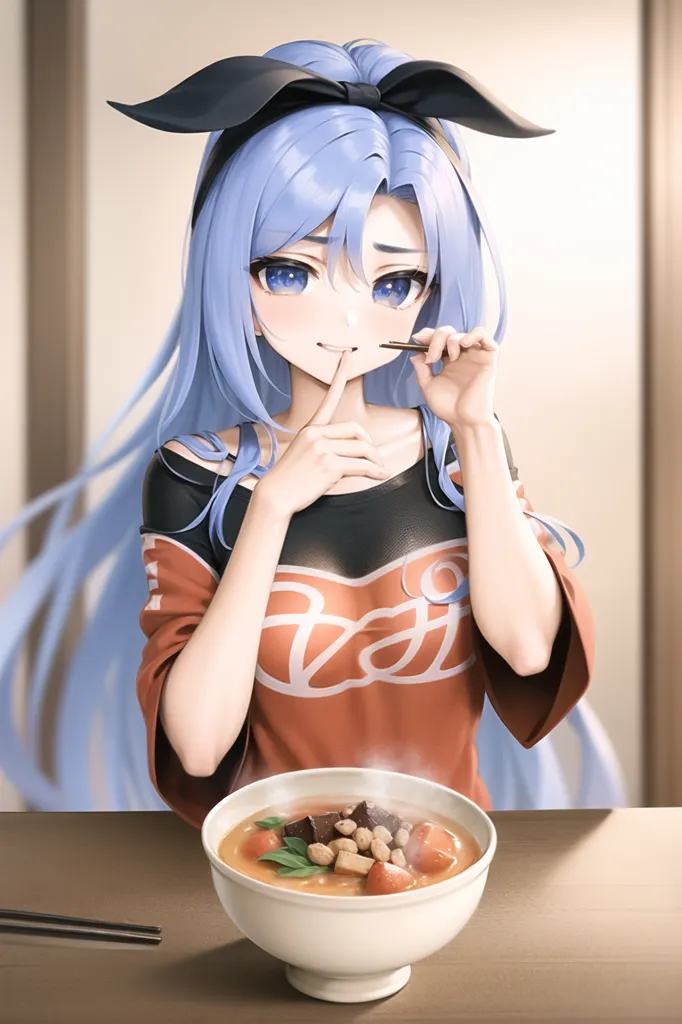 The image shows an anime girl with long blue hair and blue eyes. She is wearing a black and orange shirt and has a black bow in her hair. She is eating a bowl of soup with chopsticks and has a shy smile on her face. The background is a blurred kitchen counter.