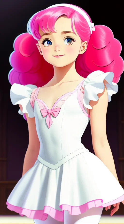 The image is of a young girl with pink hair and blue eyes. She is wearing a white and pink leotard with a pink bow on the front. She is also wearing white ballet flats and a pink headband. She is standing in a ballet pose with her left leg in front of her right leg and her arms outstretched to the sides. Her head is tilted slightly to the left and she has a smile on her face. The background is dark with a spotlight shining down on her.