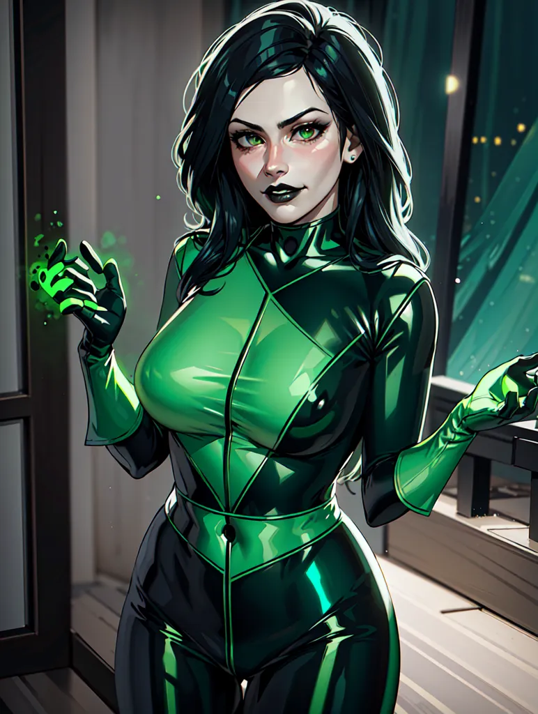 The image is of a woman with long black hair, green eyes, and a green skintight suit. She is standing in front of a dark background with a cityscape in the distance. She has a confident expression on her face and is holding her hands out in front of her with green energy surrounding them.