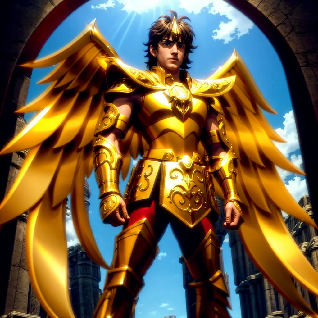 This is a picture of a young man with long brown hair and blue eyes. He is wearing a golden armor and has golden wings. He is standing in a temple, with a blue sky and white clouds in the background.