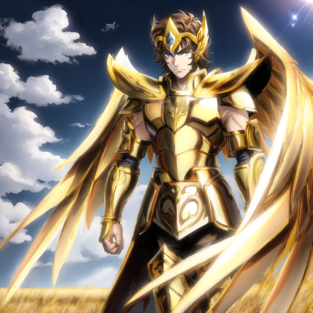 The image shows a young man with long brown hair and blue eyes. He is wearing a golden armor and has a pair of golden wings. He is standing in a field of wheat, with a wheat field behind him and a blue sky with clouds above him.