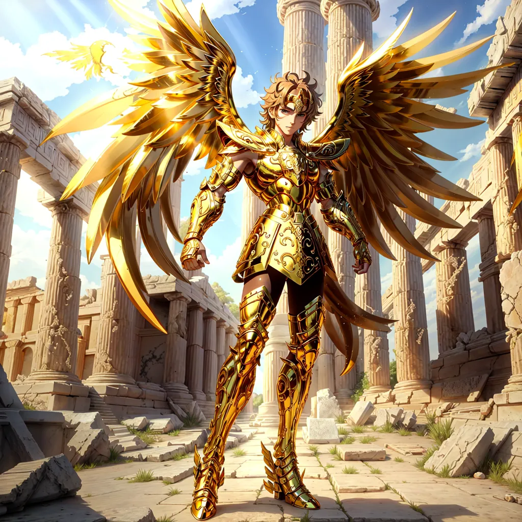 The image shows a young man with golden wings standing in a ruined temple. He is wearing a golden armor and has a determined expression on his face. The temple is in ruins, with broken columns and rubble strewn around. The sky is blue and there are some clouds in the background.