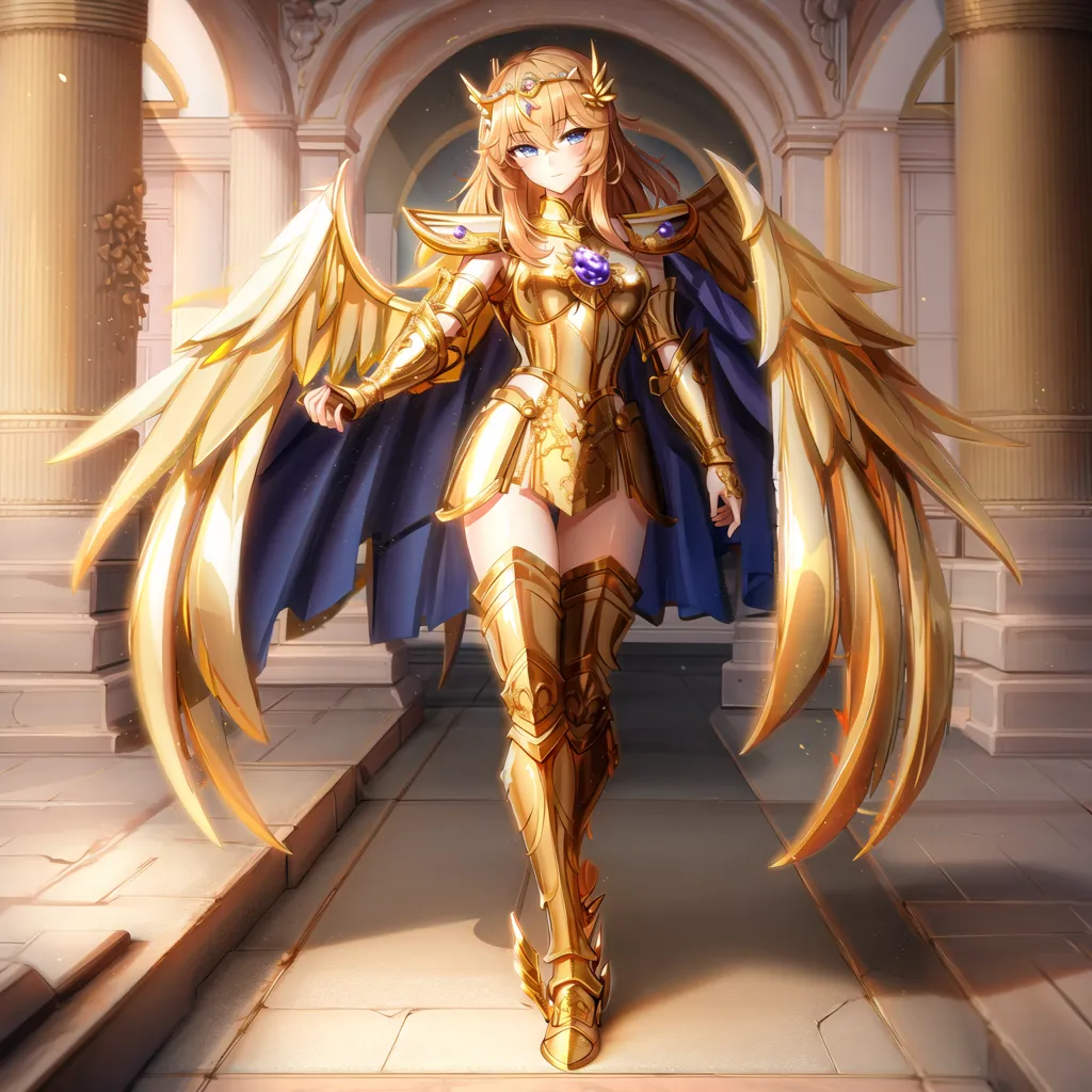 The image shows a beautiful anime girl with long blonde hair and blue eyes. She is wearing a golden armor and has a pair of golden wings. She is standing in a majestic hall, with a confident smile on her face.