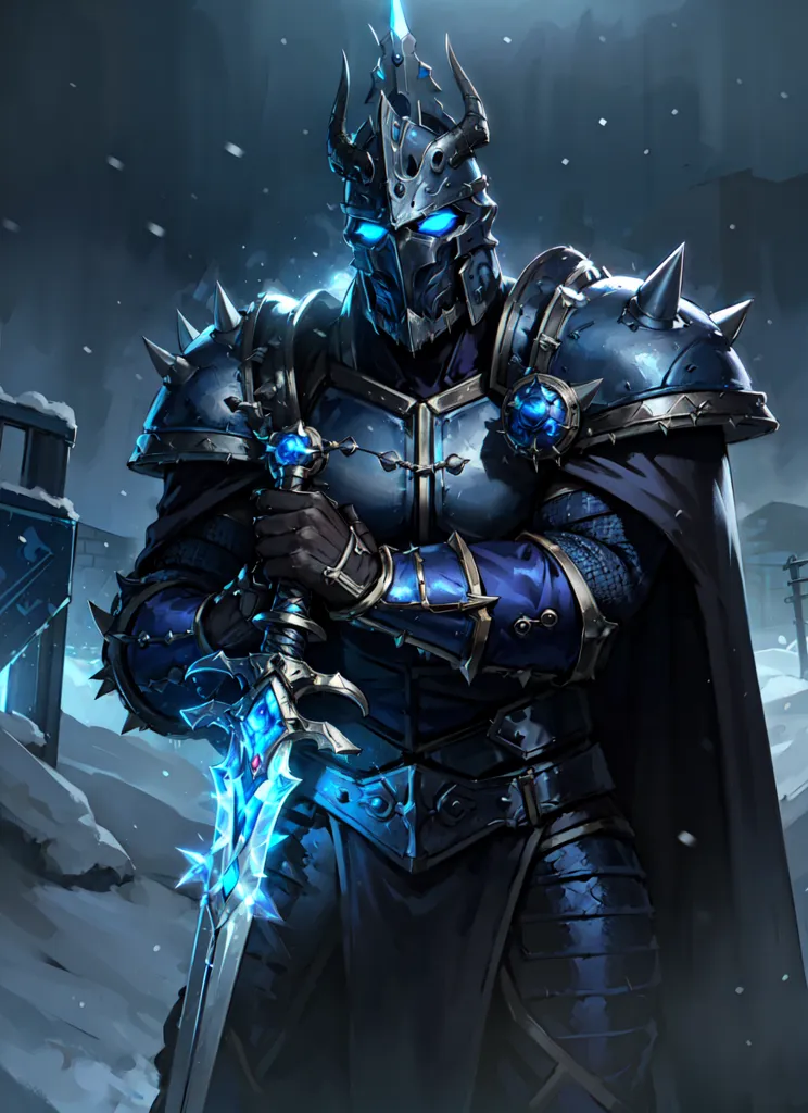 The image shows a male figure in full plate armor. The armor is dark blue with silver trim and has a fur-lined cape. The figure is also wearing a helmet with a crown and a visor. He is holding a sword in his right hand and a shield in his left hand. The sword is glowing blue, and the shield has a blue and silver design. The figure is standing in a snowy landscape, and there is a dark blue sky behind him.