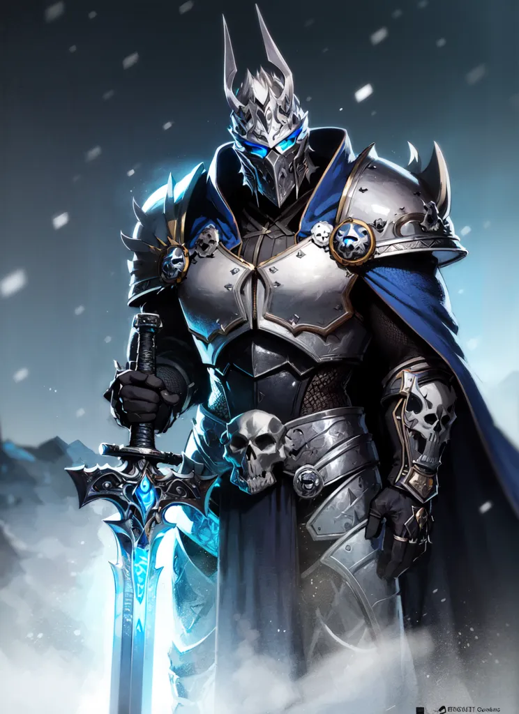 The image shows a knight in full plate armor. The armor is dark grey with silver trim and has skulls decorating the breastplate, pauldrons, and greaves. The knight is also wearing a blue cloak lined with fur. He is holding a large sword with a glowing blue blade in his right hand. The knight is standing in a snowy landscape with a dark, snowy mountain in the background.