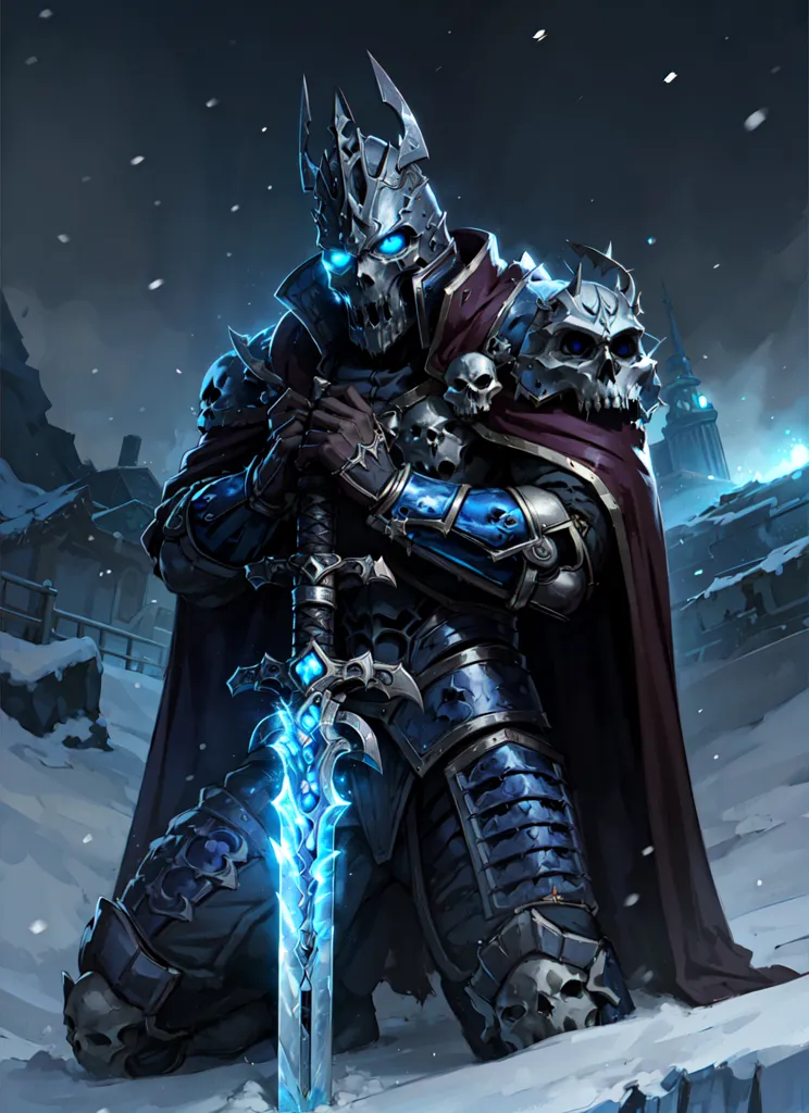 The image is of a skeletal figure in dark blue armor kneeling in the snow. The figure is wearing a crown and has a skull on its shoulder. It is holding a sword with both hands. The background is a dark blue night sky with snow falling.