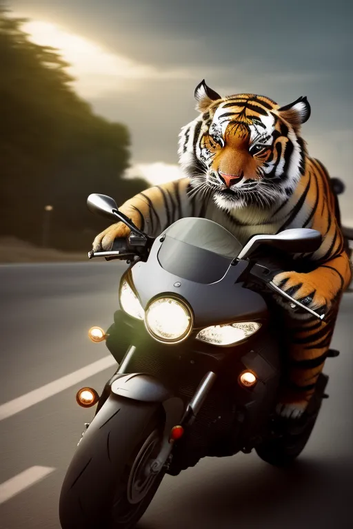 The image shows a tiger riding a motorcycle. The tiger is wearing a black leather jacket and a helmet. It is sitting on the motorcycle with its front paws on the handlebars and its back paws on the footpegs. The motorcycle is black and has a chrome engine. The tiger is riding in a straight line and looking at the road ahead. The background is a blurred out image of a forest. The image is realistic and looks like a photograph.