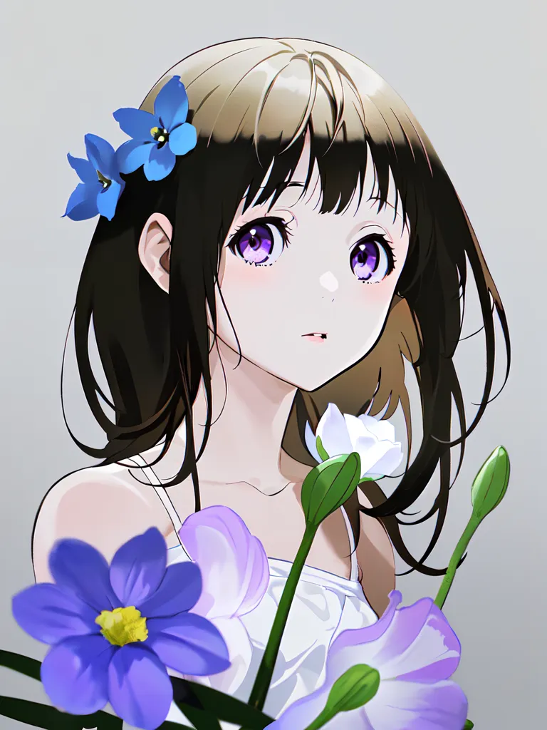 This is an illustration of a young girl with long, dark hair and purple eyes. She is wearing a white dress with a sweetheart neckline. There are purple and blue flowers in her hair and around her neck. The girl is looking at the viewer with a gentle smile on her face. She has a flower in her hair and there are flowers around her neck. The background is a light gray.