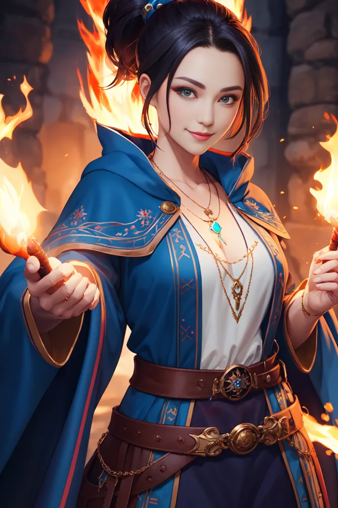 The picture shows a young woman, probably a sorceress, dressed in a blue camisole with gold trim. There is a white shirt under the camisole. There is a brown belt with a gold buckle around her waist. There is a gold necklace around her neck. There are two gold bracelets on her right hand. Her dark hair is pulled back into a ponytail. There is a small blue ribbon in her hair. Her blue eyes are wide and her lips are slightly parted. She is holding two fireballs in her hands. Fire is also visible in the