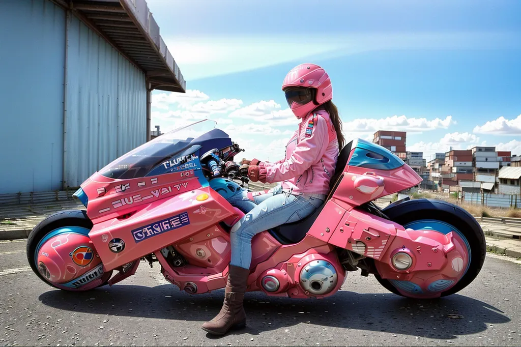 The image shows a woman in a pink helmet and a matching pink jacket riding a futuristic motorcycle. The motorcycle is also pink and has a large front fairing. The woman is wearing jeans and brown boots. She is sitting on the motorcycle with her right hand on the throttle and her left hand on the brake lever. The motorcycle is parked on a paved road in front of a large building. There are no other people in the image. The sky is blue and there are some clouds in the distance.