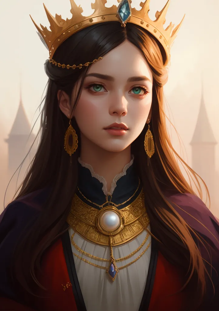 This image shows a young woman with long brown hair wearing a gold and blue crown. She is wearing a white dress with a red cape. She has green eyes and is looking at the viewer with a serious expression. She is also wearing a gold necklace and earrings. The background is out of focus and looks like a castle or palace.