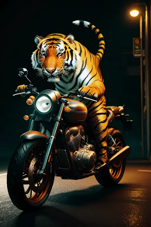 The image shows a tiger riding a motorcycle. The tiger is in the foreground, and the motorcycle is in the background. The tiger is orange and black, and the motorcycle is black. The tiger is wearing a helmet, and the motorcycle is not. The tiger is looking straight ahead, and the motorcycle is not. The image is set at night, and there is a street light in the background.