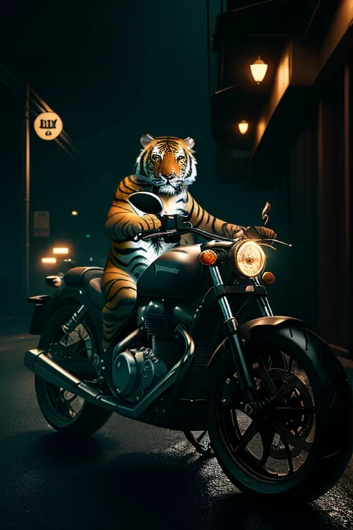 The picture shows a tiger riding a motorcycle. The tiger is wearing a black leather jacket and a helmet. It is sitting on a black motorcycle and looking at the camera. The background is a dark street with a few lights.