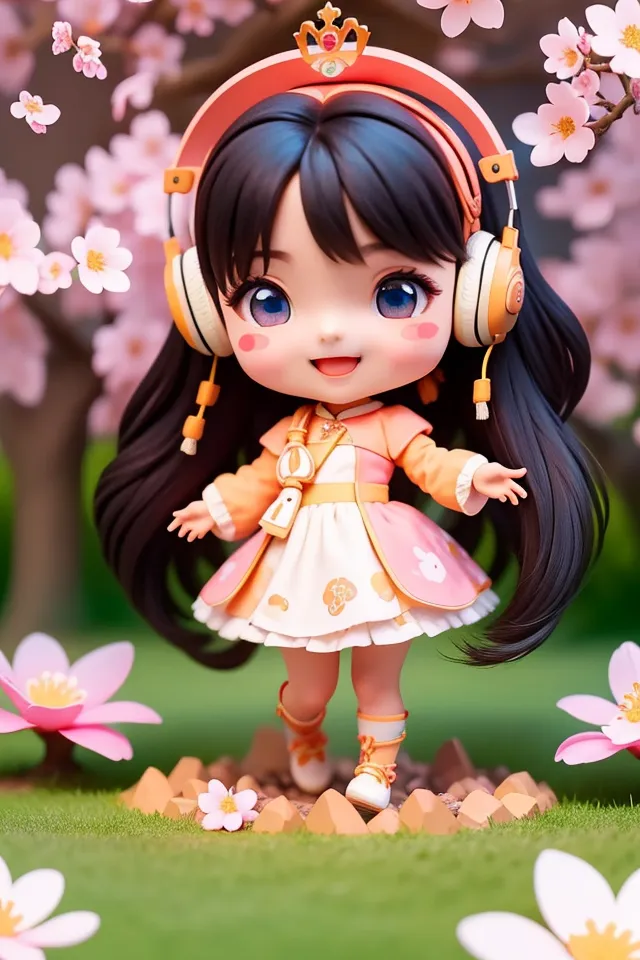 The image shows an anime-style girl with long black hair and blue eyes. She is wearing a pink and white dress with a yellow jacket. She is also wearing headphones and has a crown on her head. She is standing in a field of pink flowers and has a happy expression on her face.